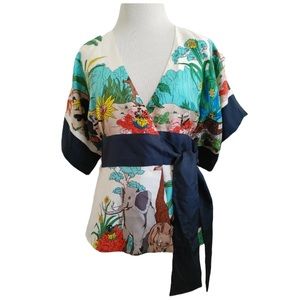 Tibi New York Vintage Silk Sleeveless Jungle Print Printed Wrap Top Blouse I-277